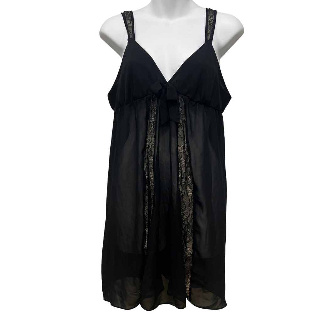 Oscar de la Renta Pink Label Black Lace‎ Sheer Babydoll Chemise Nightgown Size M